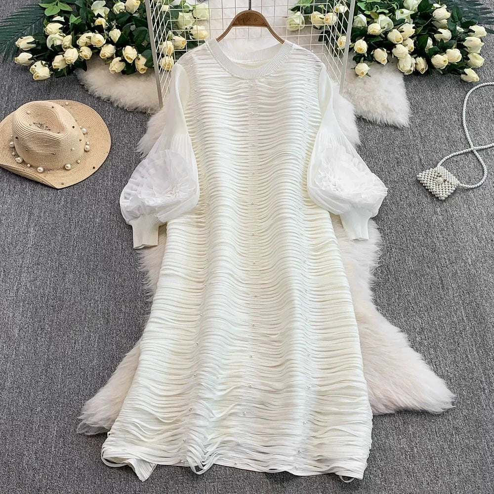 ANLAN Luxury Beading Hollow Out Tassels Pleated Miyake Dresses Women 3D Flower Splice Lantern Sleeve Loose Party Dress 2025 N