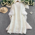 ANLAN Luxury Beading Hollow Out Tassels Pleated Miyake Dresses Women 3D Flower Splice Lantern Sleeve Loose Party Dress 2025 N
