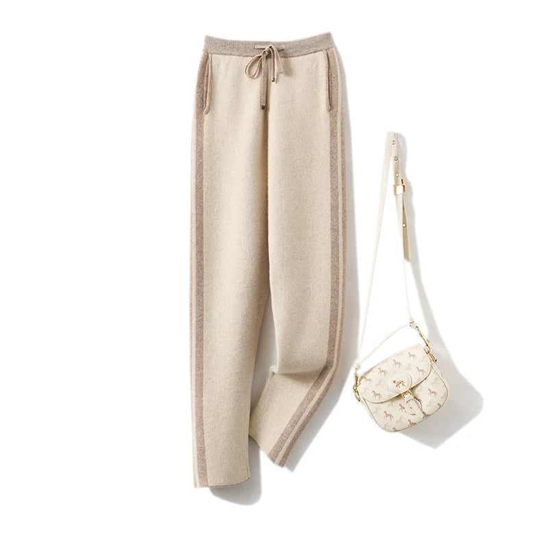 Autumn Winter Woman's Pants Fashion Pencil Pants 100% Merino Wool Knit Long Trouser Elastic Mid-Waist Patchwrok Full Length Pant