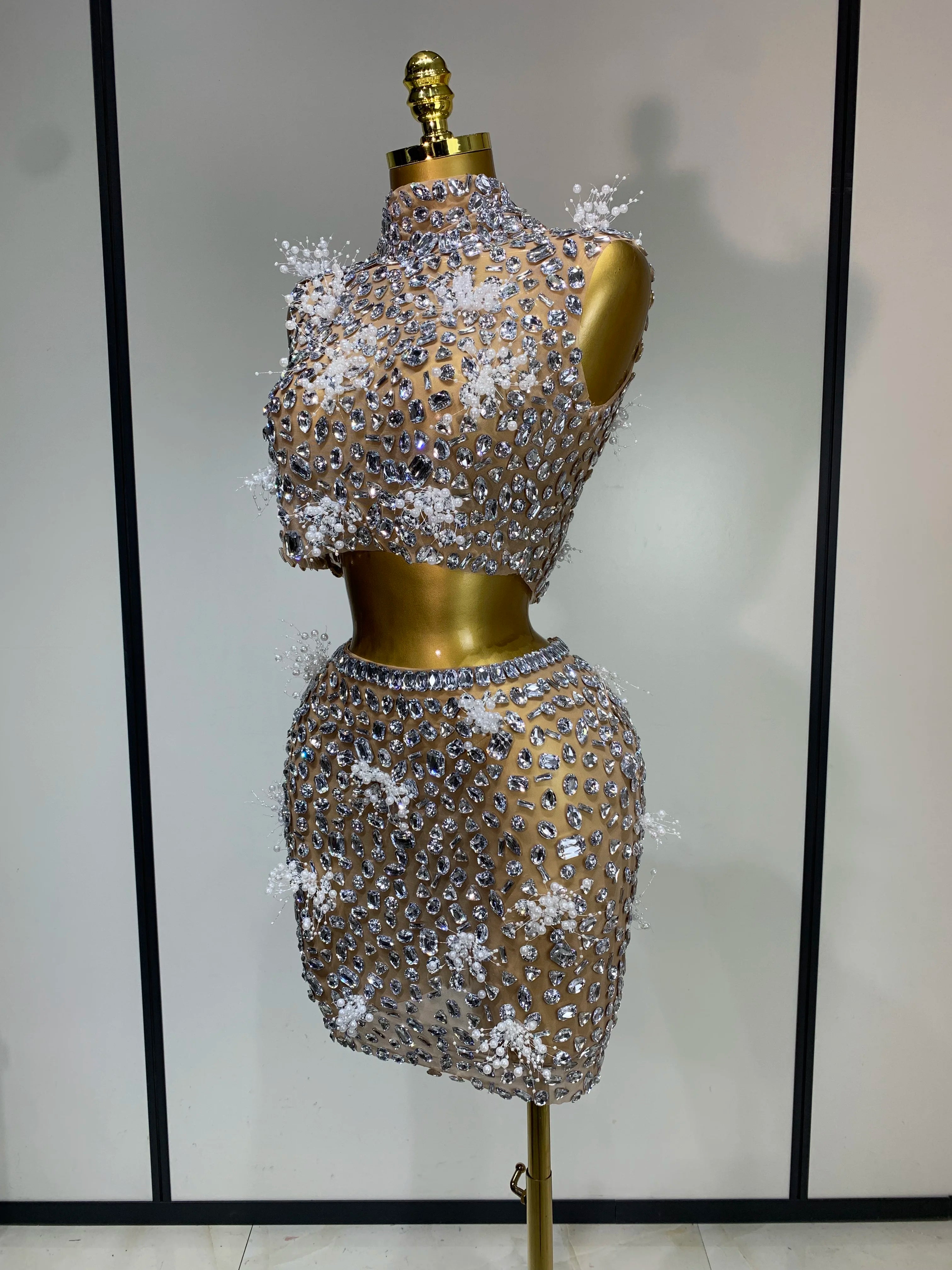 High Quality Sparkling Rhinestone Sexy See Through Blackless Top Skirt Two Pieces Set Woman Luxury Birthday Evening Party Gowns