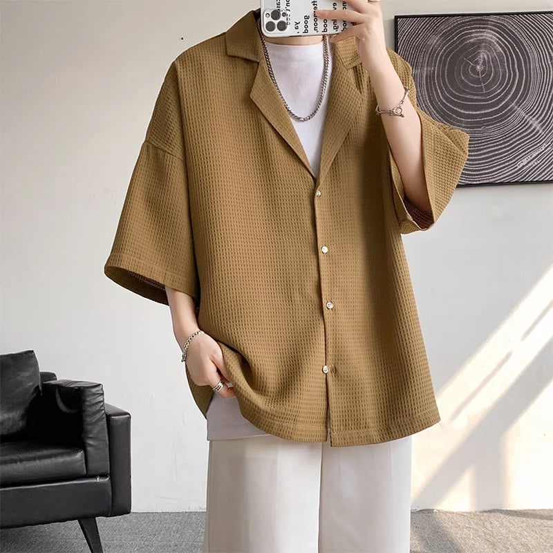 LEGIBLE Spring Summer Solid Shirts Men Casual Oversized Three Quarter Shirts Male Loose Fit Shirt for Man