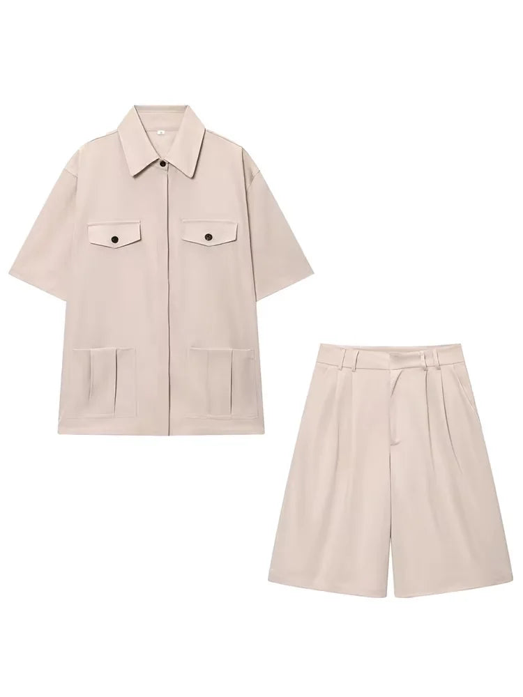 HH Women Summer Solid 2-Piece Set Button Pocket Decoration Short Sleeve Lapel Shirts+High Waist Pleated Zipper Casual Shorts