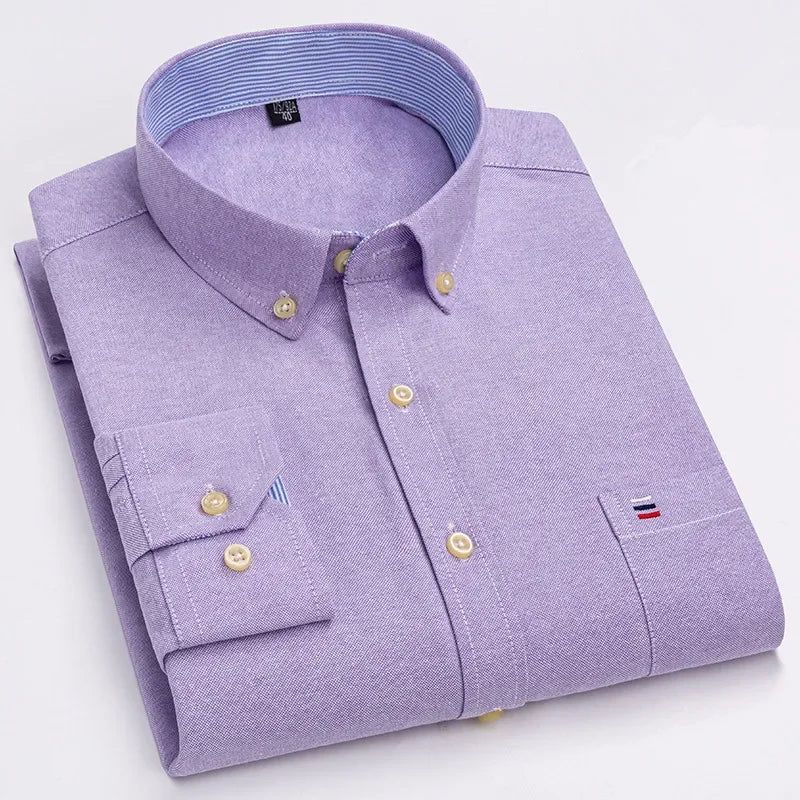 Men's 100% Cotton Smart Casual Shirt Long Sleeve Plaid Oxford Casual Solid Color Print Regular Fit Dress Shirt Oversized  6XL