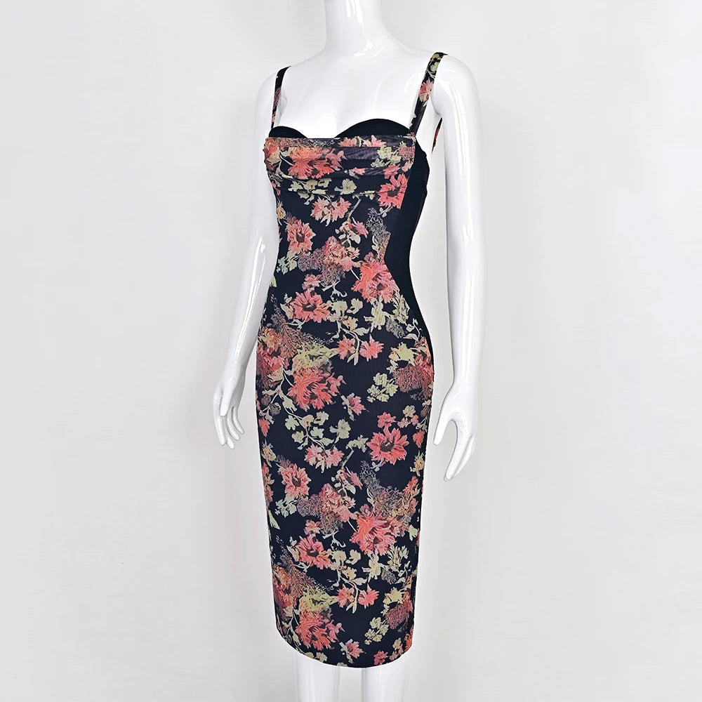 BEAUKEY Sexy Vintage Black Bandage Dress 2025 For Women Summer Draped Spaghetti Split Contrast Bodycon Dress XL Paded Vestido