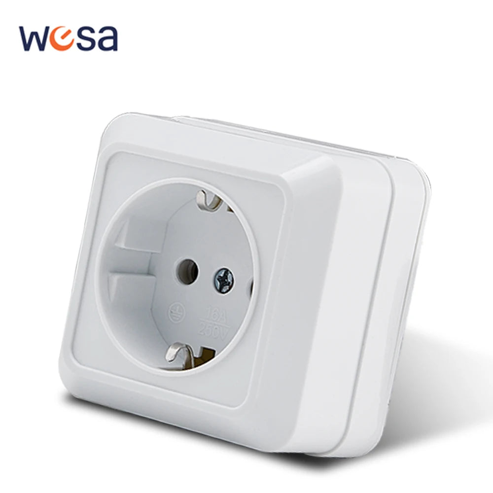 WESA White Wall Surface 2 Sockets Plugs EU Exterior Electrical Outlets With Ground Power Socket Flame Retardant Paint Plastic