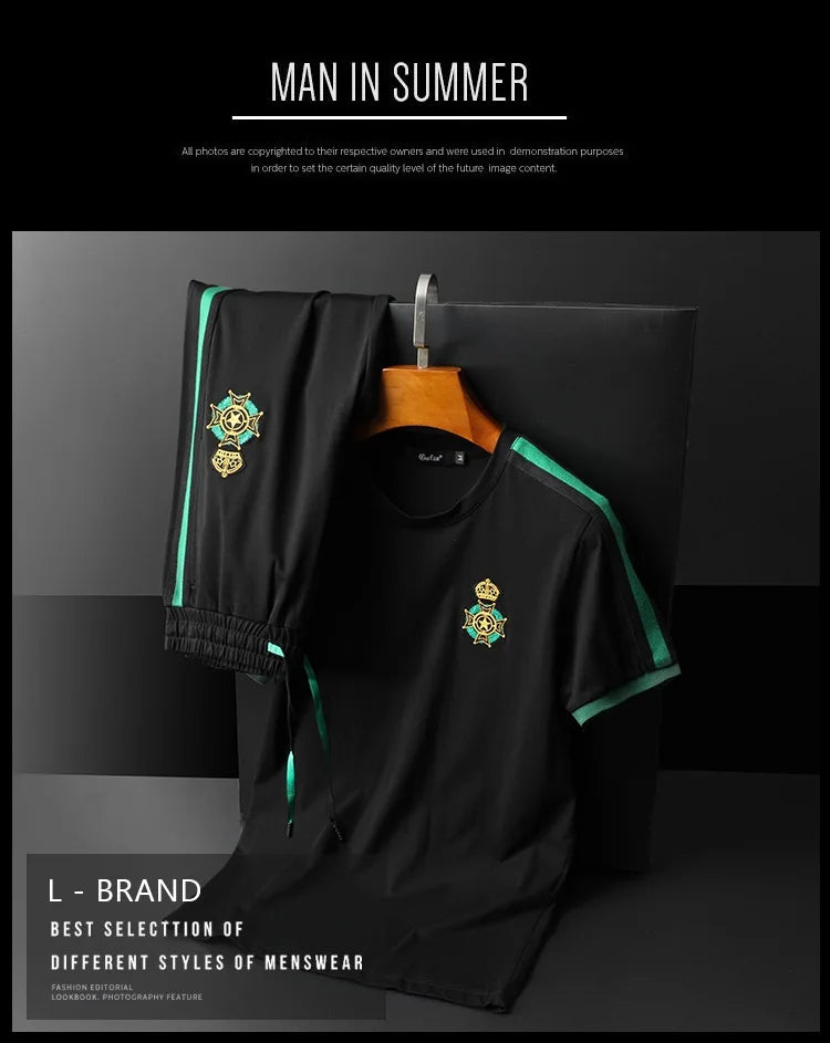 High end luxury exquisite badge embroidered short sleeve suit men's summer top fashion European casual sweatpants two piece set
