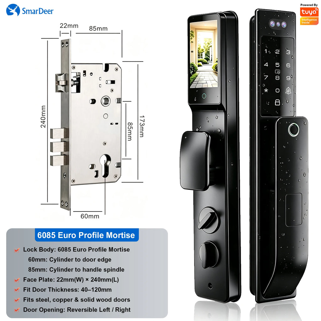 3D Face & Palm Vein Smart Door Lock, IP66 Waterproof Dual Biometric Lock, Fits Euro 6068/6085/5572 & Israel 6590 Lock Bodies