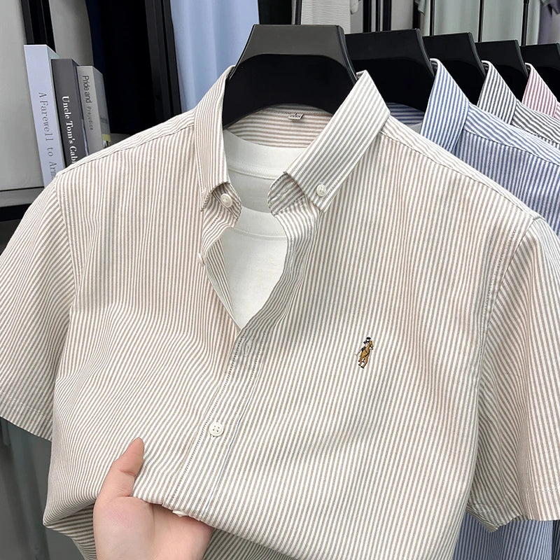 100% Pure Cotton Short Sleeved Shirt 2026 Summer New Men's Button Up Lapel Fine Stripe Middle-aged and Young Half Sleeved Shirt