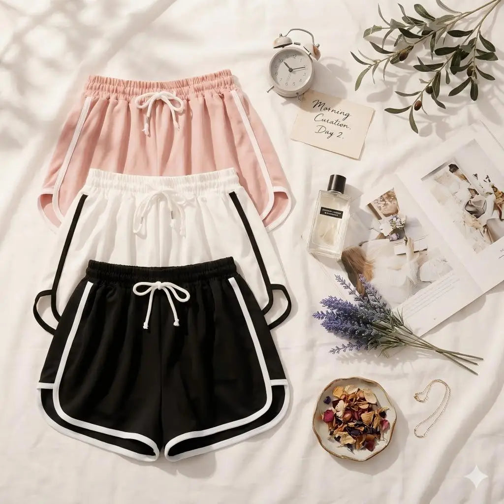 Women's Casual Running Shorts Summer Athletic Sport Shorts Drawstring Elastic Waist Contrast Trim Workout Hot Pants
