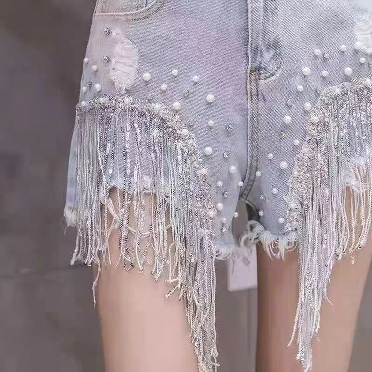 Heavy industry nail bead sequins tassel denim women niche design sense summer new versatile high-end slimming short pants