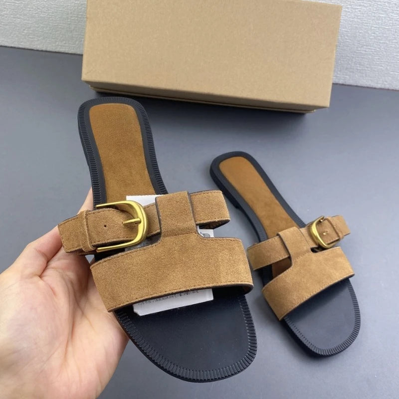 Women's Suede Flat Slide Sandals Buckle Open Toe Slip-On Slippers 2026 New Casual Summer Shoes Comfort Flat Beach Outdoor Wear
