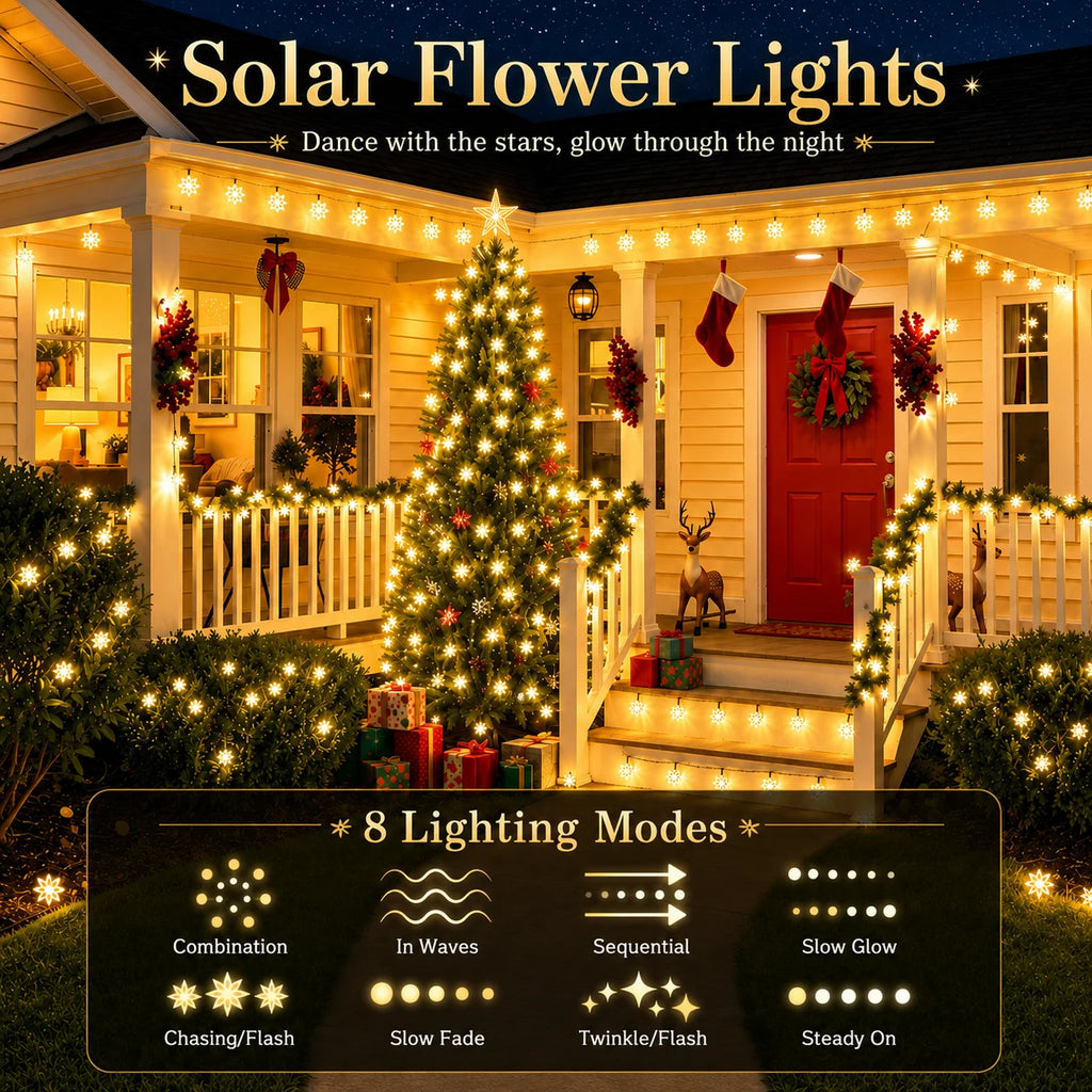 Solar Lotus String Lights 5M/20LED 7M/50LED 12M/100LED 8 Modes Outdoor Fairy Lights for Garden Patio Christmas Decor
