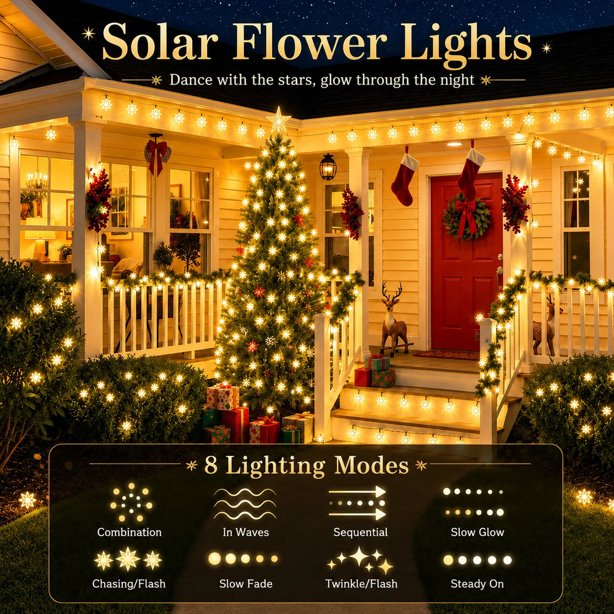 Solar Lotus String Lights 5M/20LED 7M/50LED 12M/100LED 8 Modes Outdoor Fairy Lights for Garden Patio Christmas Decor