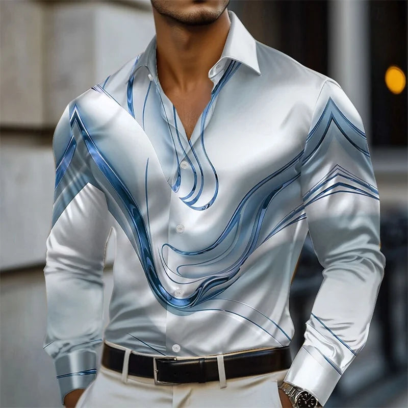 Men's geometric gradient wave satin long-sleeved shirt fashion casual vacation daily summer spring and autumn lapel shirt