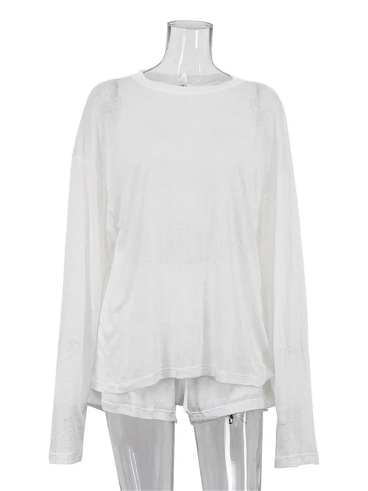 Tossy Casual White 2 Piece Set Women Summer Lounge Wear Loose Long Sleeve Pullover Top And High Waist Shorts Beach Outfits 2026