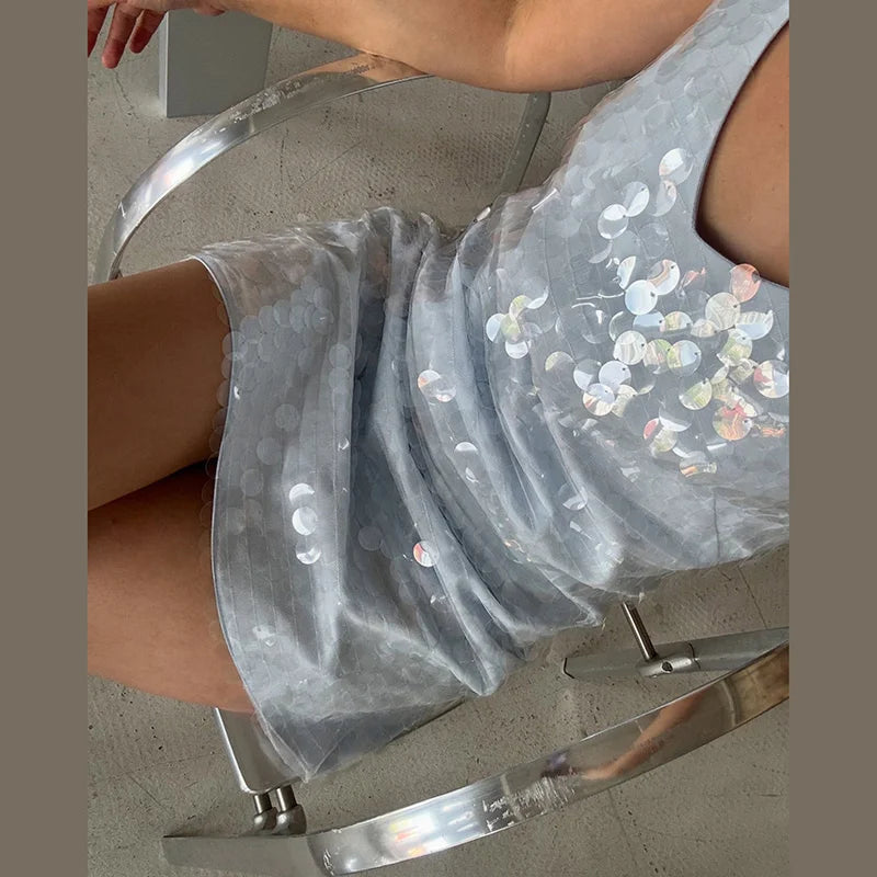 Casual Sequined Loose Sling Short Dress Women Sleeveless Backless Shinny Party Mini Dresses Female 2026 Summer Autumn Lady Robes