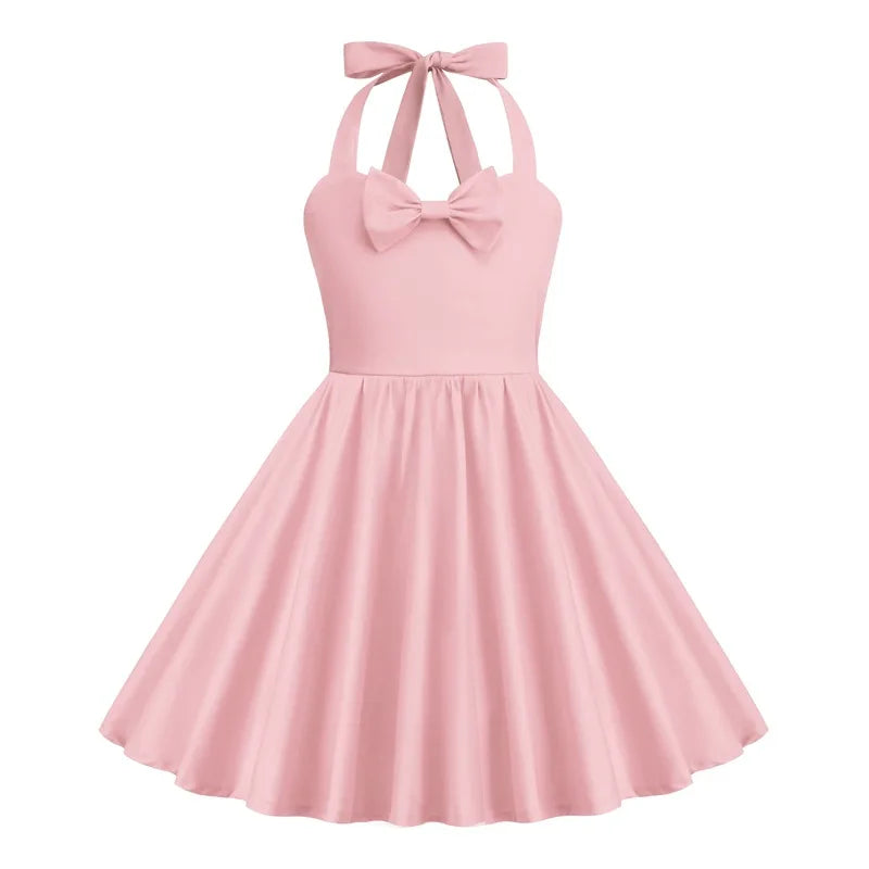 Kids Girls Vintage Halterneck Dress Polka Dots Cherry Strawberry Daily Birthday Party 1950s Swing Dress Summer Princess Dress