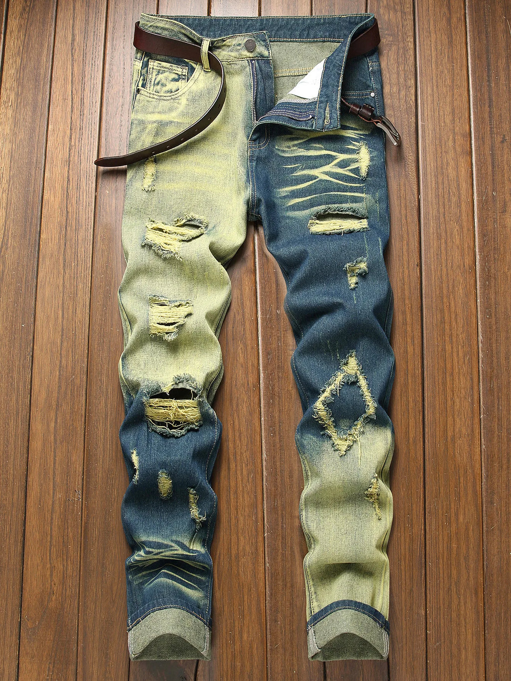 New Retro Jeans Men's Ripped Straight Leg Pants Ripped Jeans Fashionable Casual Pants Trousers Pants Male Street Wear Clothing