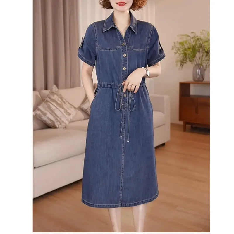 Denim Dress For women Summer 2026 New Female Single Breasted Short sleeved Slim Temperament Casual Dresses With pockets