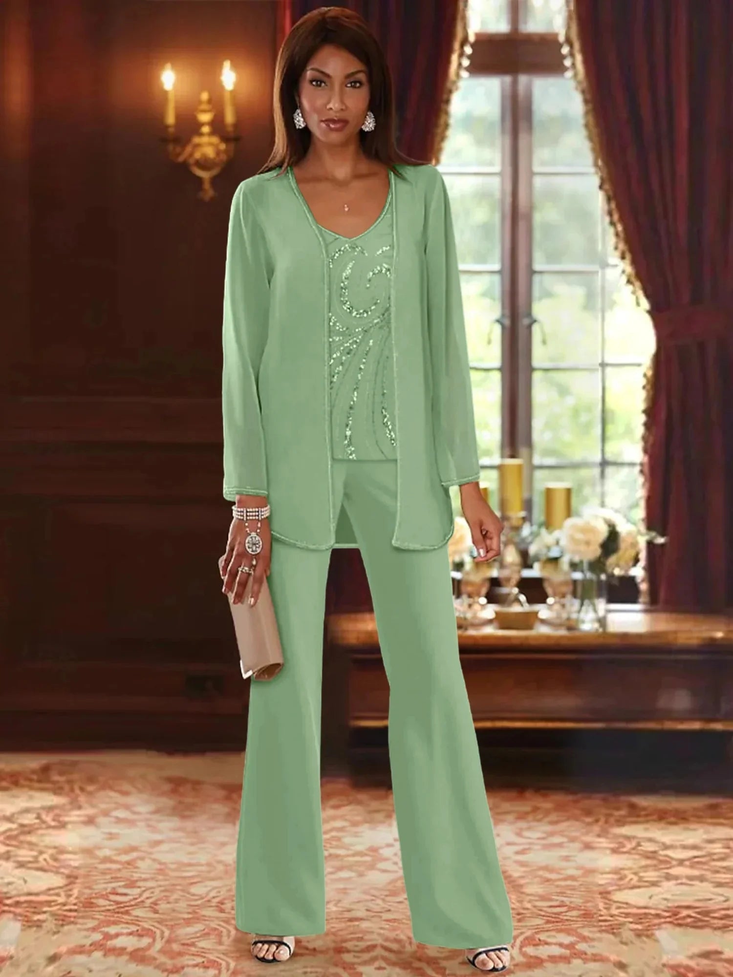 Pantsuit 3 Piece Mother of the Bride Dress Formal Wedding Guest V Neck Chiffon Lace Sleeveless with Beading Sequin 2024