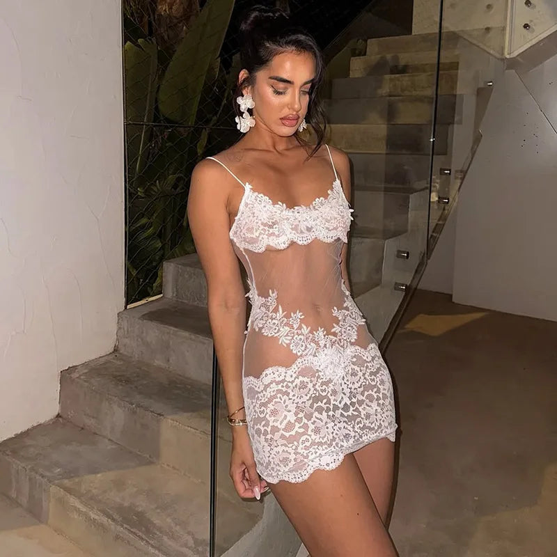 Woman Clothing Spaghetti Strap Mesh Lace Patchwork Party Club Dress Female Sexy See-through Sleeveless Short Evening Dresses