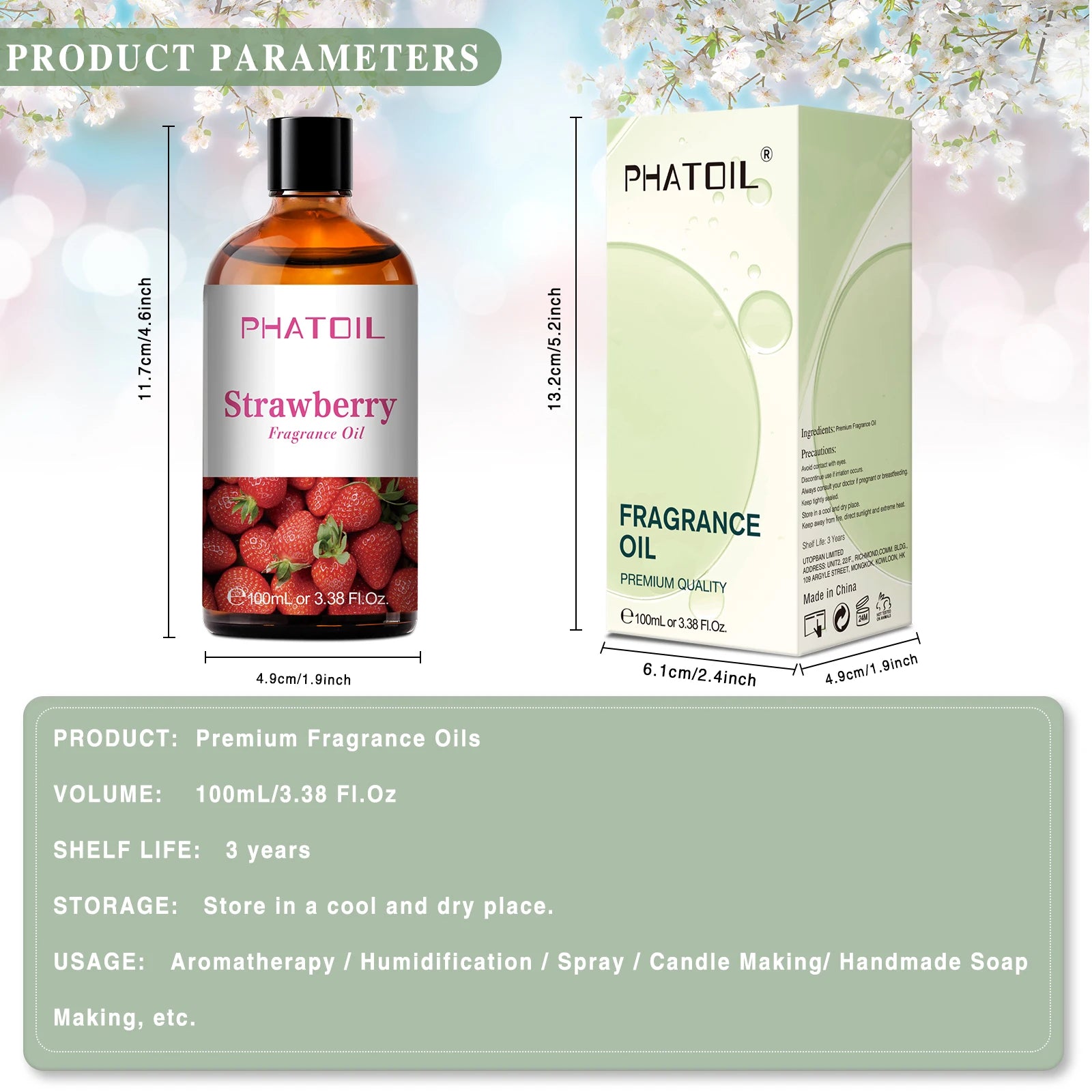 PHATOIL 100ml Fruit Series Fragrance Oils with Glass Dropper Coconut & Vanilla Strawberry Mango Cherry Aroma Oil For Diffuser