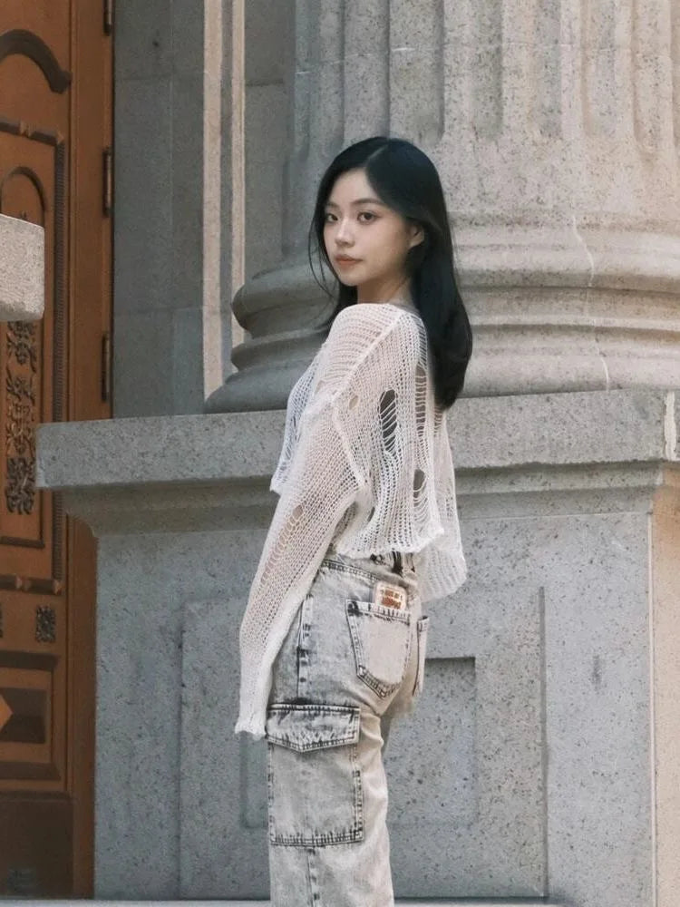 Sexy White Slash Neck Grunge Knitted Women's Sweater Hole Ripped Pullover Crop Top Harajuku Hollow Out Fashion Summer Jumpers