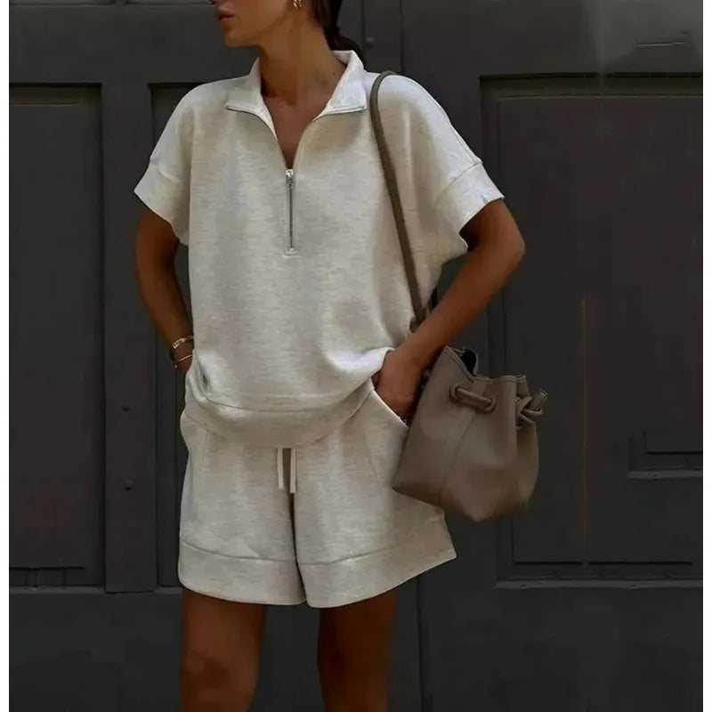 2026 Summer New Long-sleeved Shorts Sweater Set Solid Color Fashion Casual Short 2-piece Set