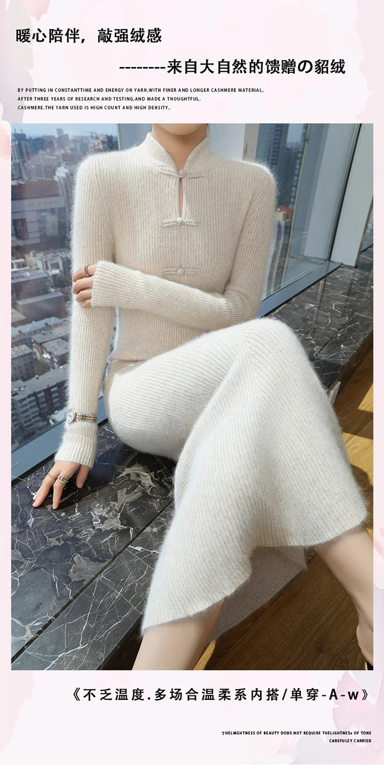 100% Mink Cashmere Knitted Dress Ladies Stand Collar Buckle Long Skirts Retro High Waist Over Knee Slim Dress New Thick Sweater