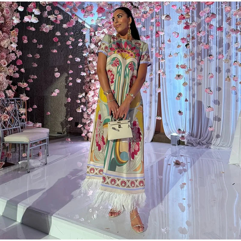 Printed Women's Dress Half Sleeve Round Neck Long Dress Tassel Hem Dress Daily Fashion Outfit Suitable for Date Party 2026