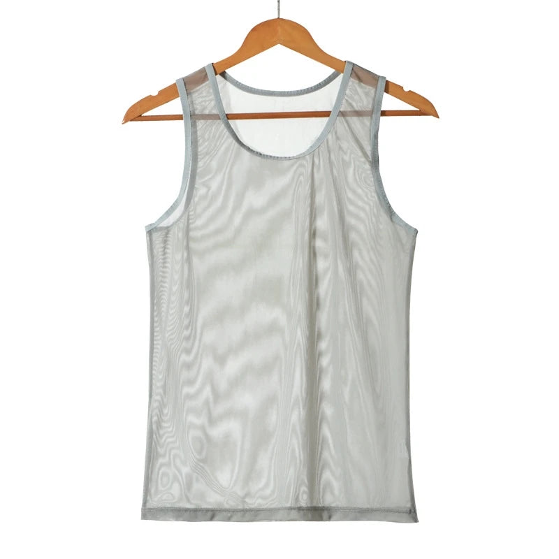 Men Sleeveless Mesh Sheer Tank Outwear Training Vest Fishnet Hollow Out See Through Undershirt