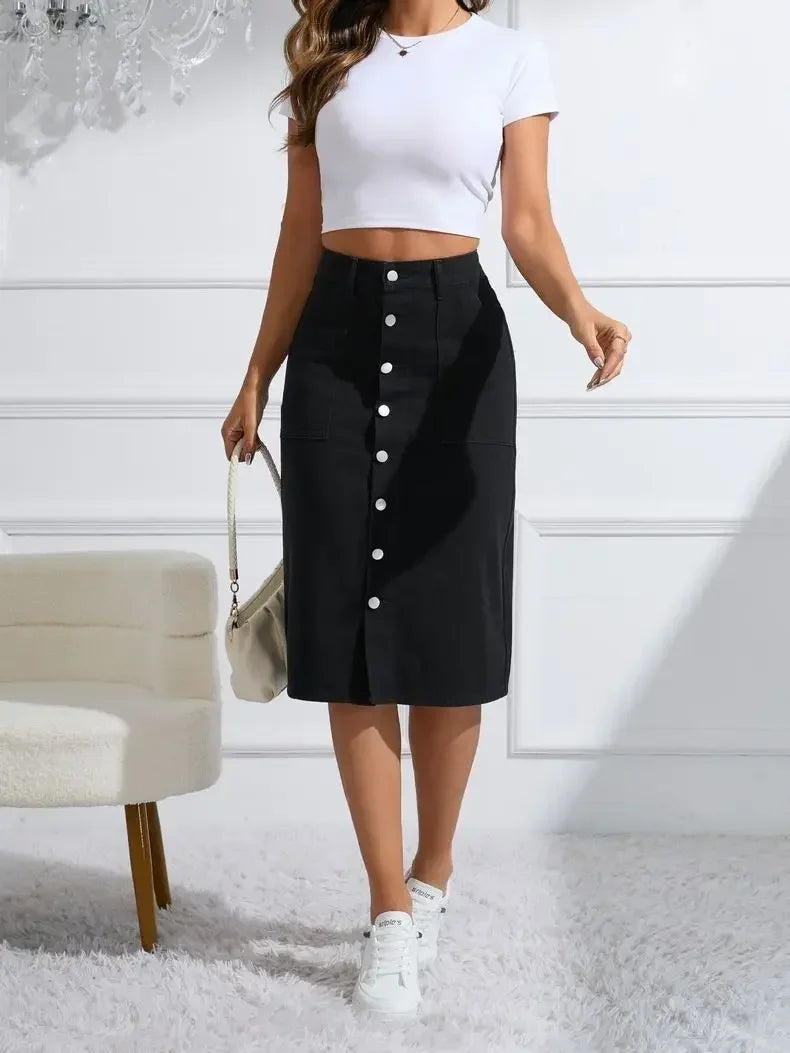 Women High Waist Stretchy Denim Pencil Skirt Midi Length Knee-Length Slit Bodycon Flattering Casual Daily Streetwear