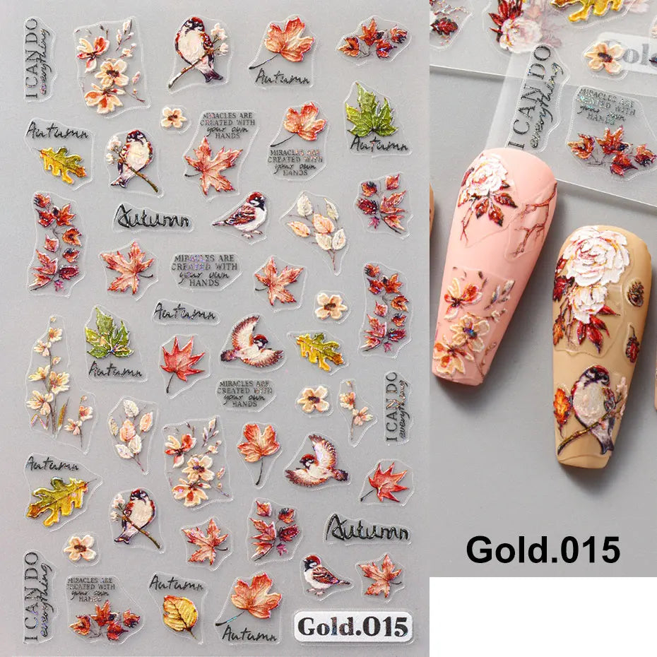 2/4pcs 5D Laser Autumn Bird Decals Fall Embossed Maple Leaves Squirrel Nail Sticker Fruits Flower Engraved Charm Manicure Decor