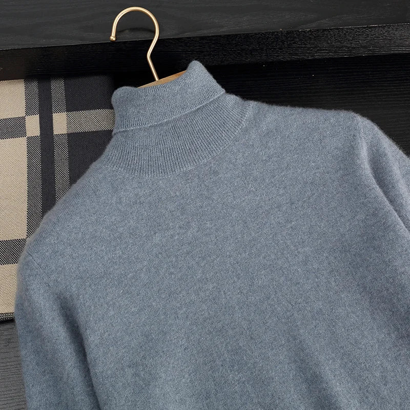 Autumn/Winter Men's 100% Cashmere Pullover Business Casual Solid Knitted Sweater Loose High Collar Tops Basic Thick Warm Jumper