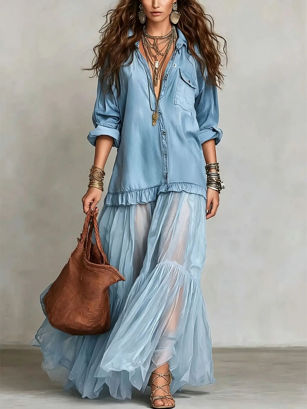 Women's Denim Maxi Dress Mesh Splice Long Sleeve Turn Down Collar Single-breasted Belted Organza Hem Casual Elegant Shirt Dress