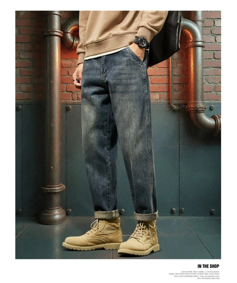 New Men's Loose Jeans Fashionable Outdoor Casual Harem Pants Retro Blue Baggy Street Hip-hop Work Pants