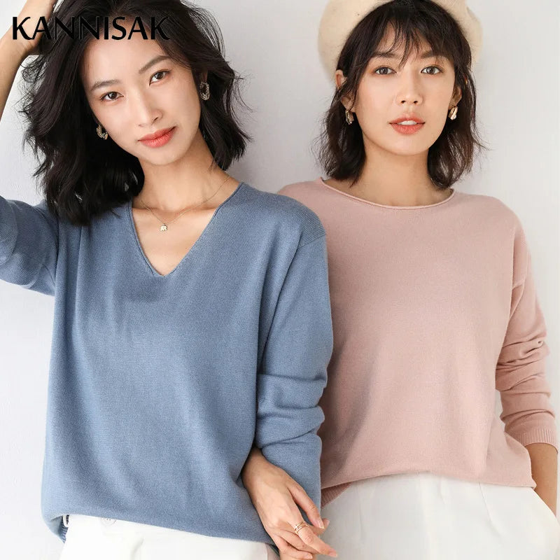 2025 Spring Autumn Womens Sweater Solid Knitwear Korean Loose Female Basic Casual Jumpers Stretch Pullover Sky Blue Pink Sweater
