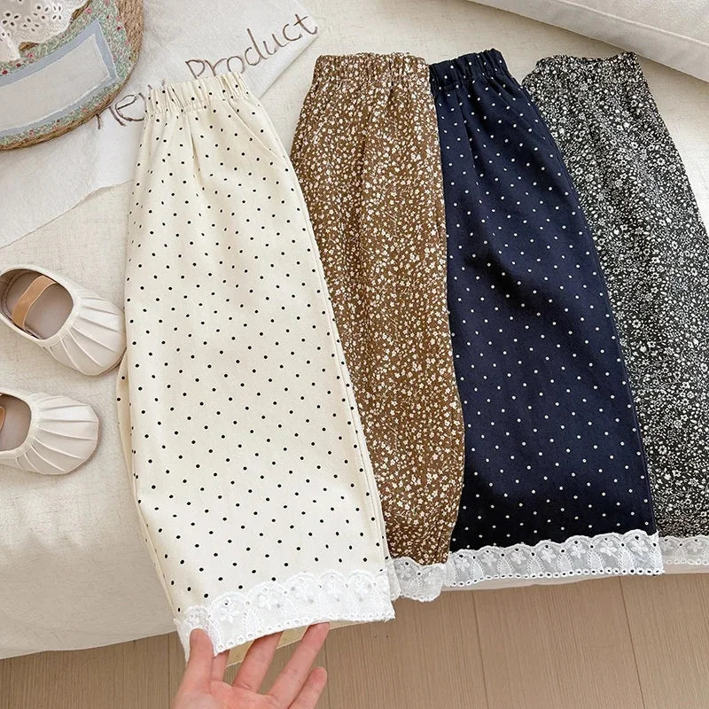 Korean Style Baby Girls Polka Dot Wide Leg Pants Lace Hem Loose Trousers Toddler Kids Elastic Waist Casual Fashion Pants