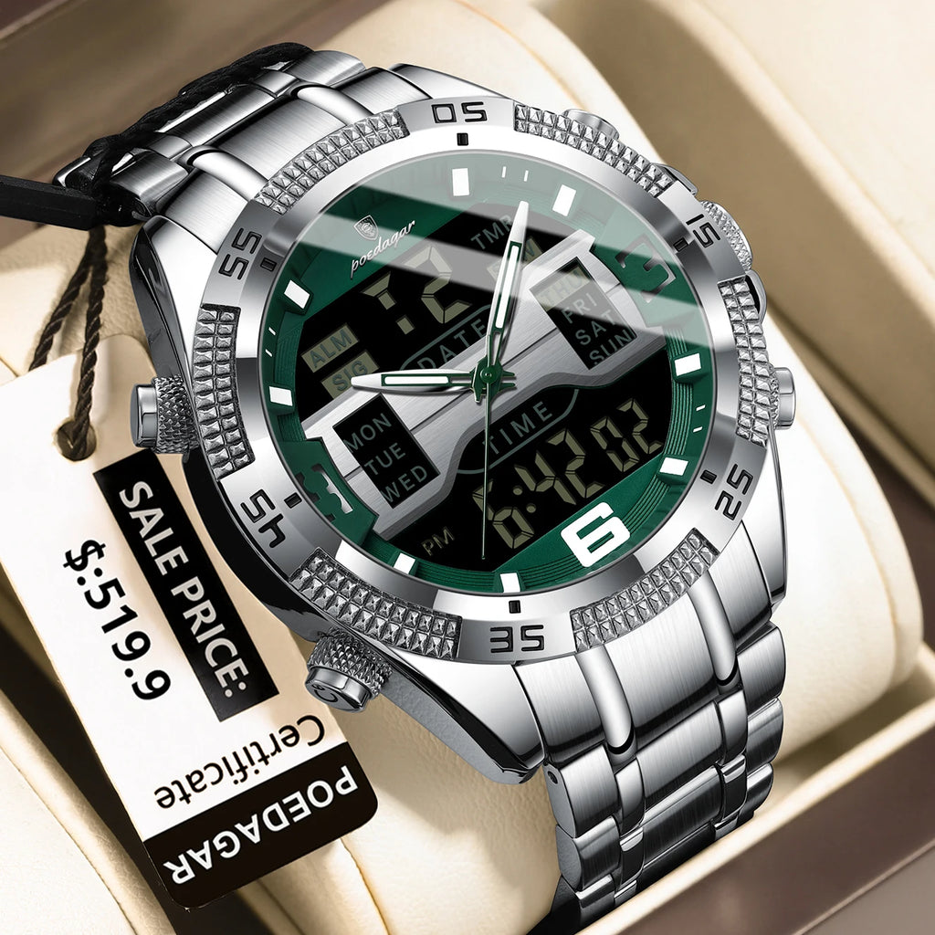 POEDAGAR LED Luxury Men Watch Sports Dual Time Display Digital Luminous Week Date Man Wristwatch Electronic Quartz Men's Watches