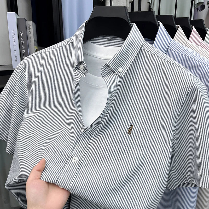 100% Pure Cotton Short Sleeved Shirt 2026 Summer New Men's Button Up Lapel Fine Stripe Middle-aged and Young Half Sleeved Shirt
