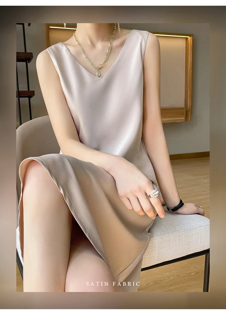 LHZSYY Silk Satin Front/Back V-neck Sling Dress Women's Sleeveless Waistcoat Top Spring Summer New Mulberry Silk Hip Long Skirts