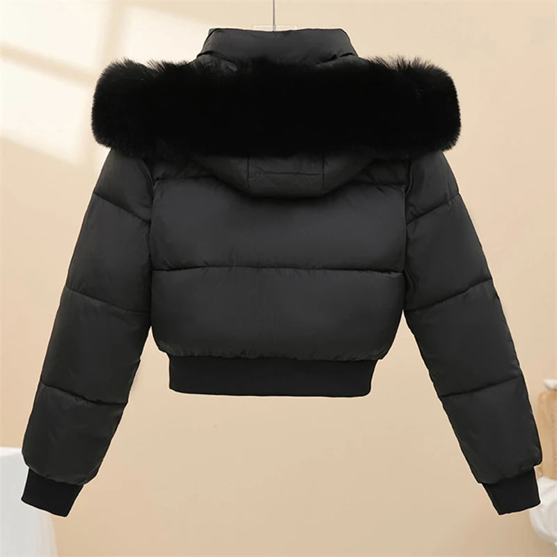 Short Cotton Jackets Long Sleeve Loose Hooded Short Women's Parka Coats Big Fur Collar Winter Down Cotton Padded Coats 2025 New