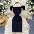 2025 New Pink Solid Button Front Spaghetti Dress Sexy Knit Slash Neck Mini Dress Bodycon Women's Clothing Outfits Ruffles