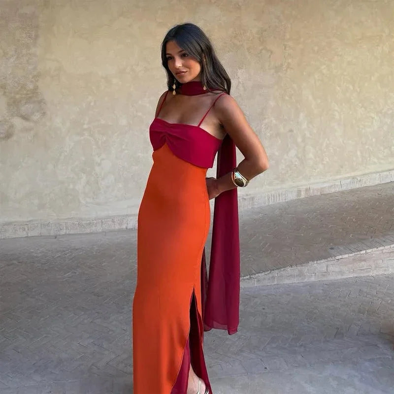 Color Blocking Scarf Collar Sling Dress Sexy Waist Cinching Chic Split Bodycon Maxi Dresses 2026 Lady Club Party Vestido