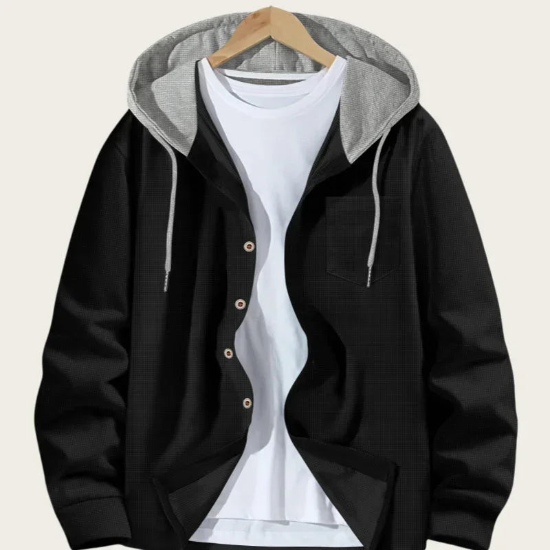 Korean Waffle Hooded Cardigans for Men Spring Autumn Contrast Color Single Breasted Hoodies Breathable Casual Lightweight Jacket