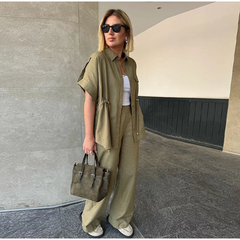 Casual Drawstring Shirt Pants Set Women Lapel Button Short Sleeve Pocket Loose Top Wide Leg Pants 2025 Chic Summer Women's Suit