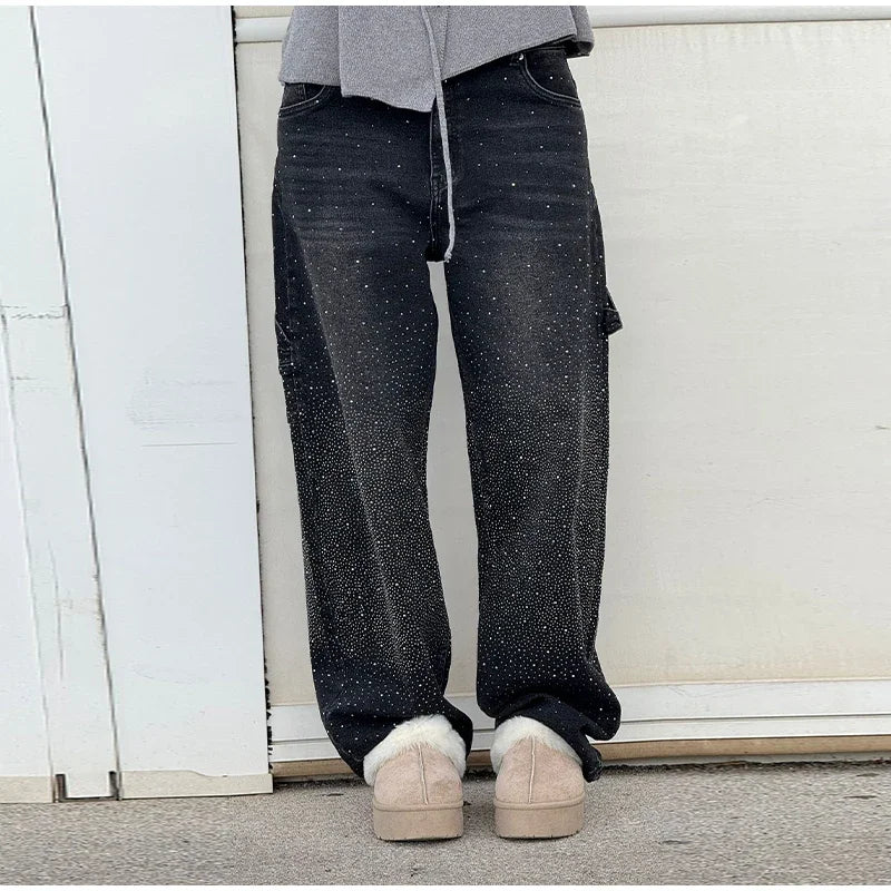 Shiny Rhinestone Baggy Women's Wide Leg Jeans Full Diamond Wide Leg Dragging Denim Pants Vintage Washed Pants Casual Trousers
