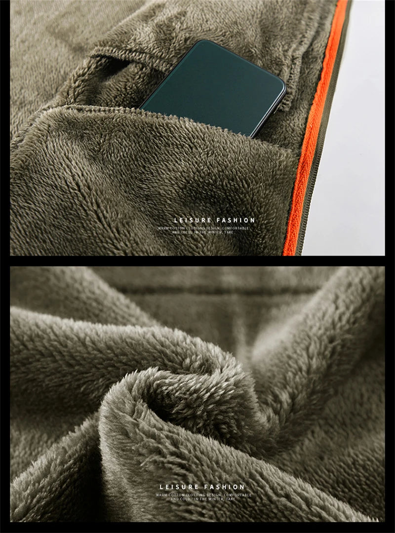 Solid Men's Fleece-Lined Bomber Jacket New Arrival Winter Windproof Stand-Collar Zip-Up Thicken Warm Plush Coat Fashion Clothing