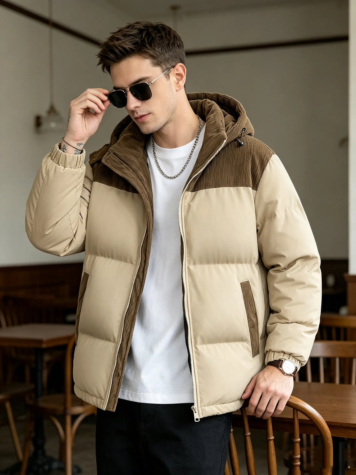Men's  Block Corduroy Hooded Puffer Jacket Full Zip Thick Warm Winter Coat Loose Windproof Casual Outerwear With Side Pockets