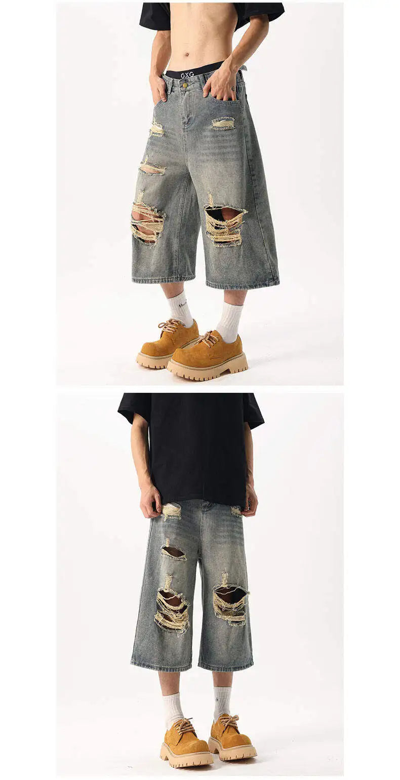 Men's Distressed Loose Fit Straight Leg Denim Capri Pants Casual Summer Jeans Ripped Details Trendy Casual Wear